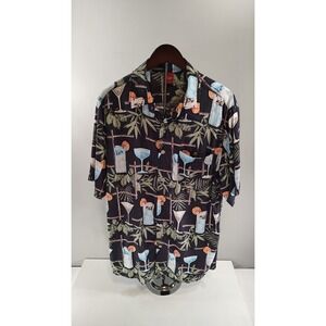Junction West Mens Hawaiian Short Sleeve Shirt Dark Blue Drink Motif Resort L